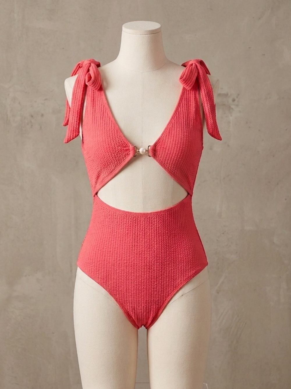 Ribbed One-Piece Cutout Swimsuit in Bright Coral Pink